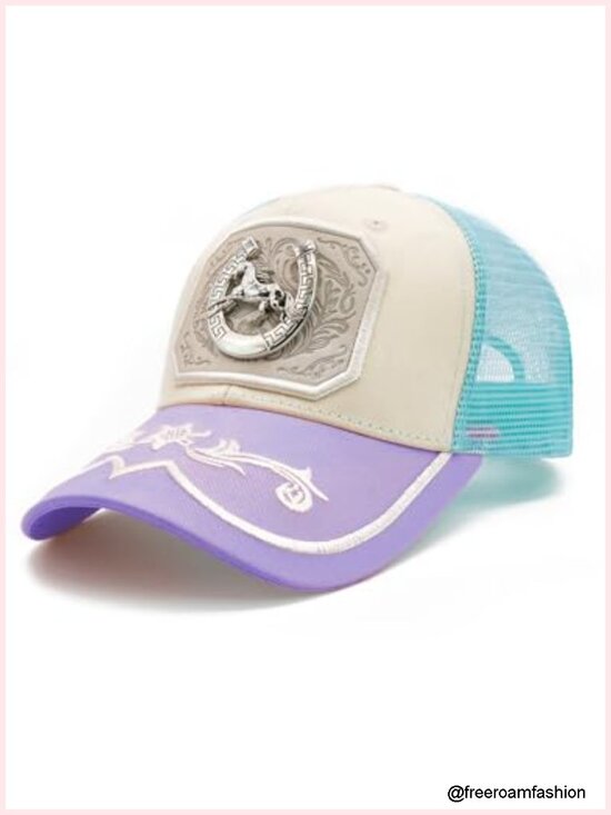 PU Leather Cowboy Trucker Hat with Metal Horse Detail Western Snapback main image 6